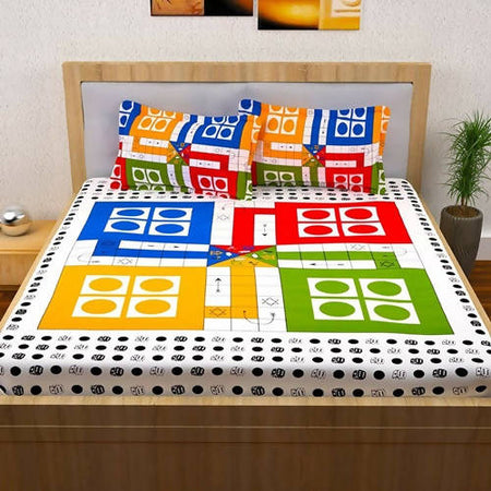 Vamika Printed Cotton White Bedsheet With Multicolor Ludo Design Bedsheet With Pillow Covers (LEOC_LUDO_BLACK)