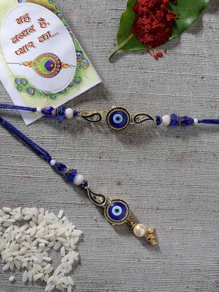 NVR Women & Men Set of 2 Blue Evil Eye Beaded Bhaiya Bhabhi Rakhi With Roli Chawal & Chocolate