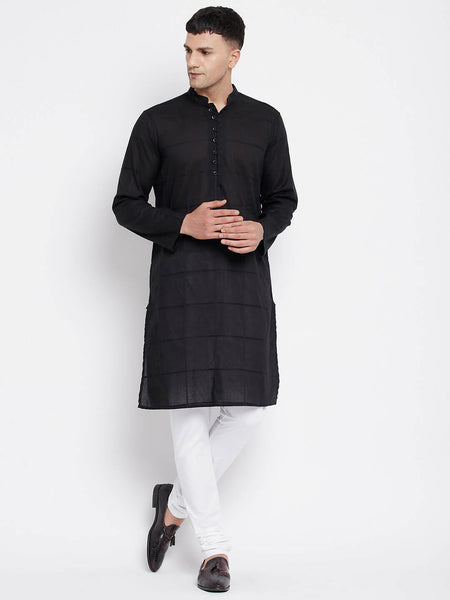 Even Apparels Pure Cotton Men's Kurta in Black Color With Band Collar