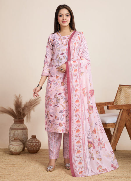 Prazu Fashion Baby Pink Printed Cotton Blend Festival Wear Salwar Suit