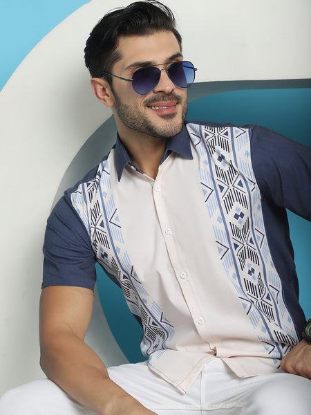 Indian Needle Men's Printed Half Sleeve Lycra Shirt - White