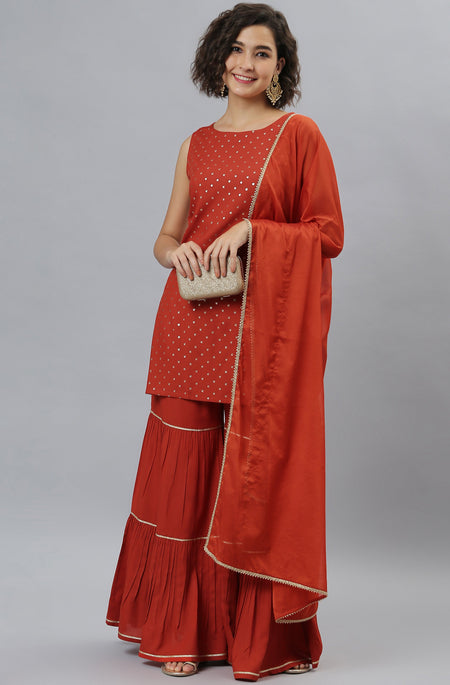Janasya Women's Orange Rayon Foil Print Kurti With Sharara And Dupatta