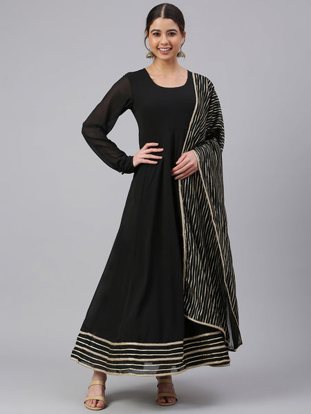Janasya Women's Black Georgette Solid Kurta With Dupatta