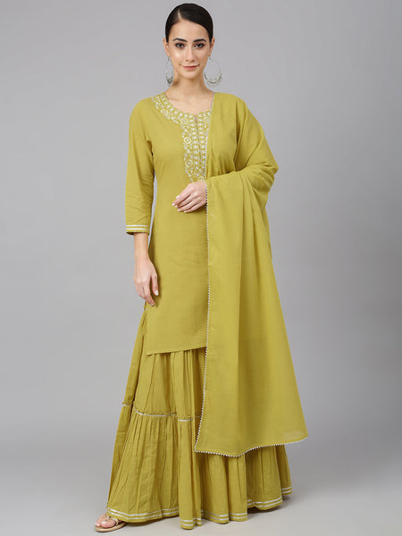 Janasya Women's Yellow Cotton Solid Kurta With Sharara And Dupatta