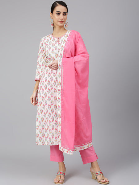 Janasya Women's Off White Cotton Floral Print Kurta With Pant And Dupatta