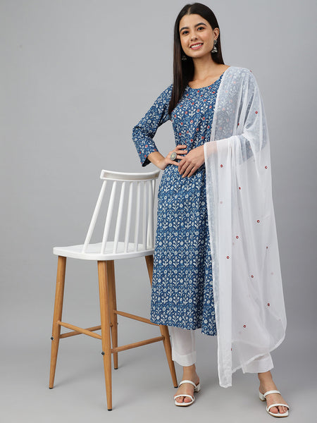 Janasya Women's Navy Blue Cotton Floral Print Kurta With Pant And Dupatta