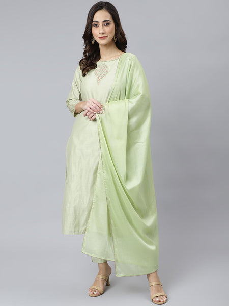 Janasya Women's Sea Green Poly Silk Solid Kurta With Pant And Dupatta