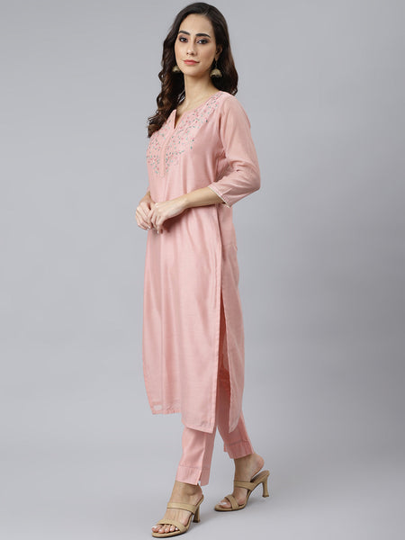 Janasya Women's Baby Pink Poly Silk Solid Kurta With Pant And Dupatta