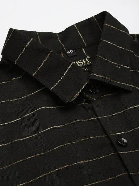 Jainish Men's Formal Cotton Horizontal Striped Shirt ( SF 790Black )