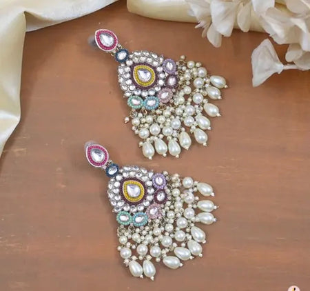 Jewel City Handcrafted Multicolor Kundan Pearl Chandbali Earrings | Traditional Ethnic Gold-Plated Indian Jewelry