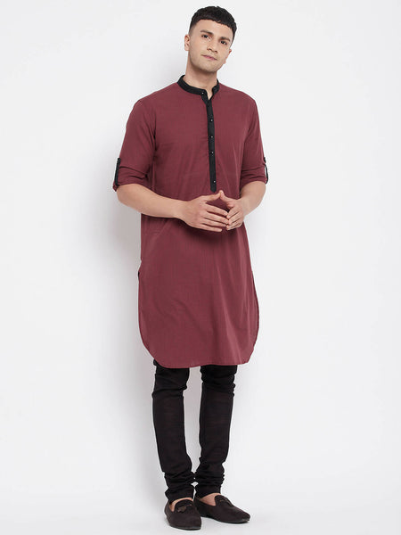 Even Apparels Maroon Pure Cotton Men's Kurta With Contrast Collar And Placket