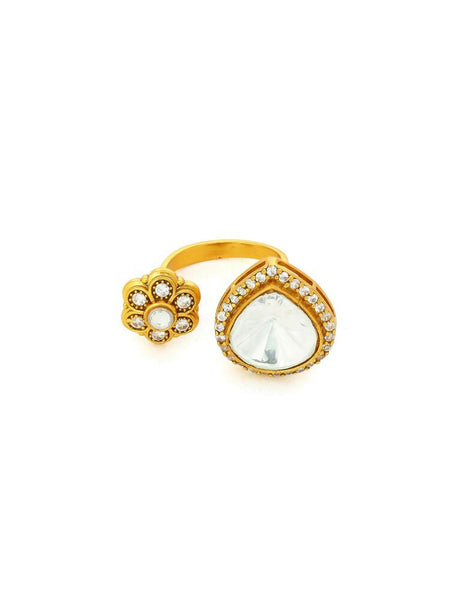 Kundan Gold Plated Hexagon and Pear Ring - Ruby Raang
