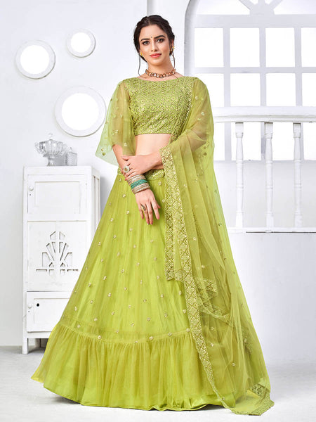 Myra Flurorescent Green Net Embroidered Designer Lehenga