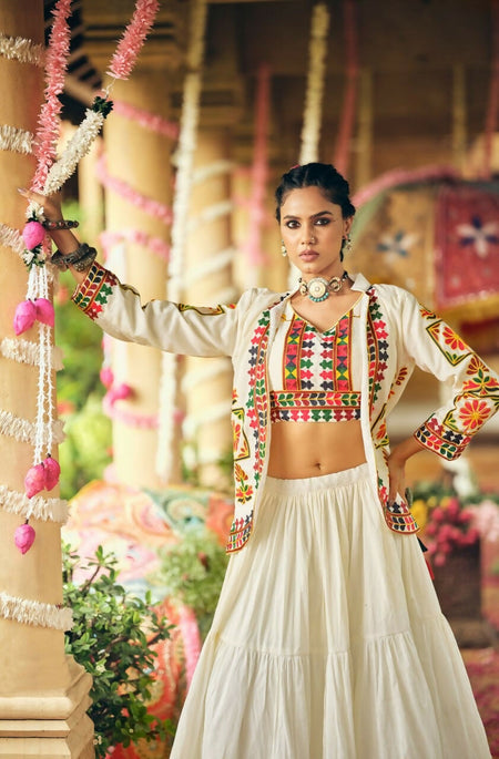 Teeya Creation Off White Colour Pure Cotton Embroidery Work Fully Stitched Navratry Lahenga