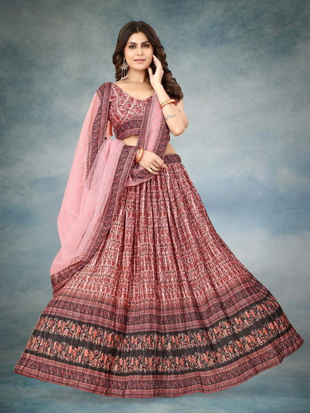 Sonakshi Women's Maroon Chinon Silk Ajrakh Heavy digital Printed Lehenga Choli With Dupatta