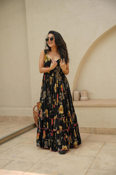Sonakshi Women's Black Rayon Digital Print Full Round Flair Anarkali Gown Set