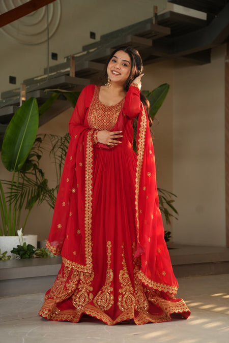 Sonakshi Women's Red Faux Blooming Embroidered Zari Sequence Work Anarkali Gown Set With Dupatta