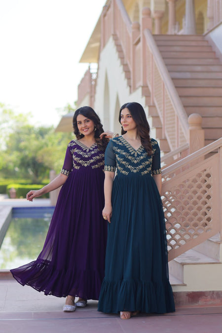 Sonakshi Women's Purple & Rama Faux Blooming Beads embroidery-work Anarkali Gown Set