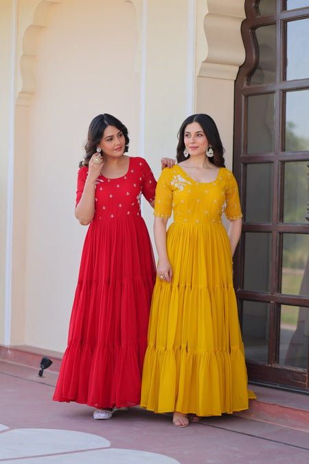 Sonakshi Women's Red & Gold Faux Blooming Beads embroidery-work Anarkali Gown Set