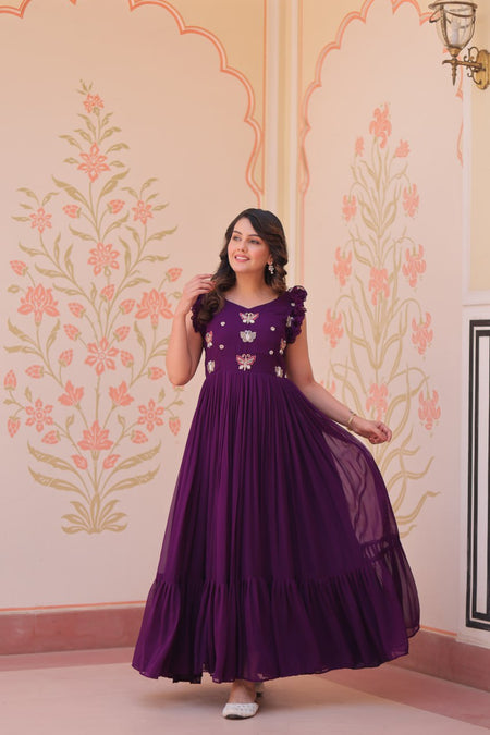 Sonakshi Women's Purple Faux Blooming Beads Embroidered work Anarkali Gown Set