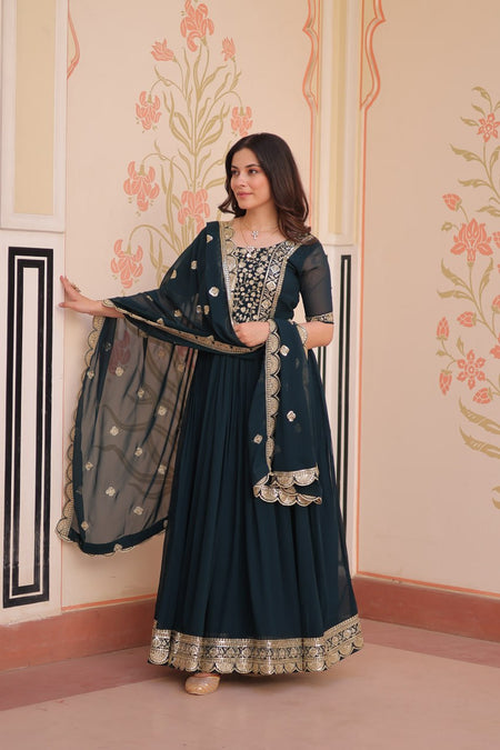 Sonakshi Women's Rama Faux Blooming Embroidered Zari Sequins Work Anarkali Gown Set With Dupatta