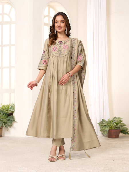 Sonakshi Women's Pista Viscose Roman Silk With Multi Thread Embroidered With Mirror Hand Work Anarkali Gown Set With Dupatta