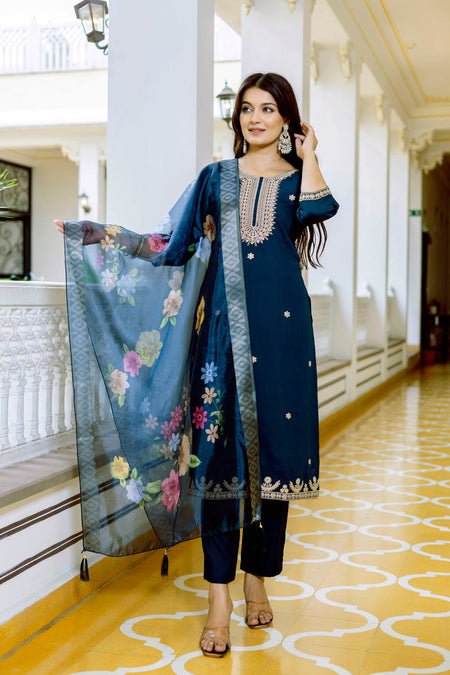 Sonakshi Women's Navy Blue Viscose Chanderi Embroidered Kurta Set with Dupatta