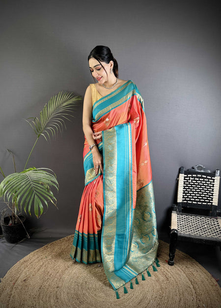 Sonakshi Women'S Peach Premium Soft Silk Zari Woven Traditional Saree With Blouse