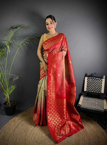 Sonakshi Women'S Biscuit Ikkat Silk Zari Woven Traditional Saree With Blouse