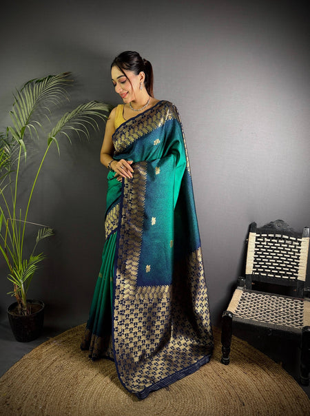 Sonakshi Women'S Teal Ikkat Silk Zari Woven Traditional Saree With Blouse