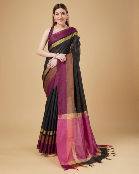 Sonakshi Women's Black Raw Silk Khadi & Zari Weaving Traditional Saree with Blouse