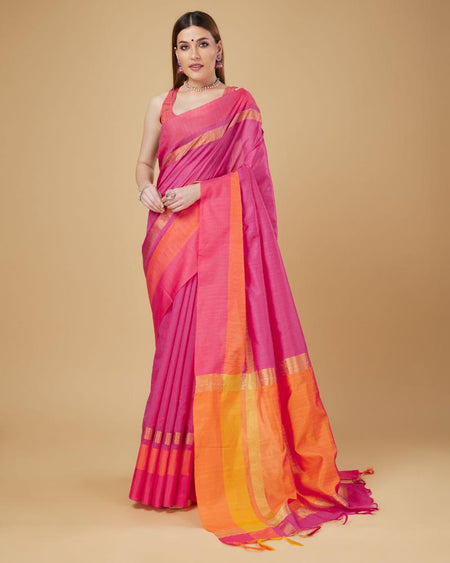 Sonakshi Women's Rani Pink Raw Silk Khadi & Zari Weaving Traditional Saree with Blouse