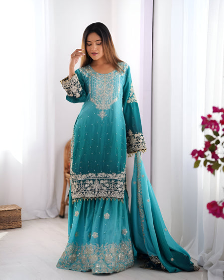 Lehenga Mart Designer Wedding Wear Palazzo Suit For Women - Sky Blue