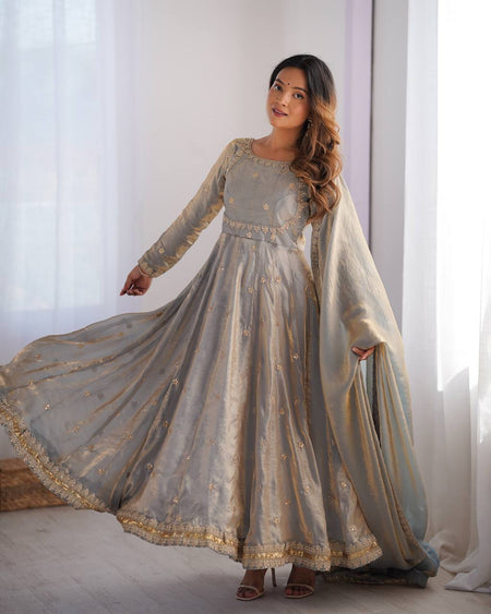 Prazu Fashion Silver Grey Fandy Silk Coding With Sequence Work Wedding Wear Anarkali Suit