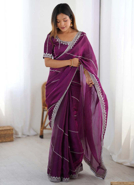Prazu Fashion Wine Thread Sequence Organza Silk Party Wear Saree