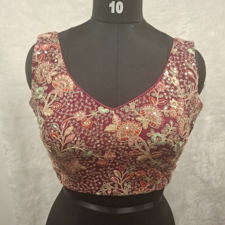 Kia Fashions Wine Georgette Multi Color Emb & Sqn Readymade Blouse