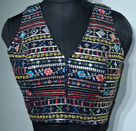 Kia Fashions Navy Blue Multi Color Embroidered Readymade Blouse