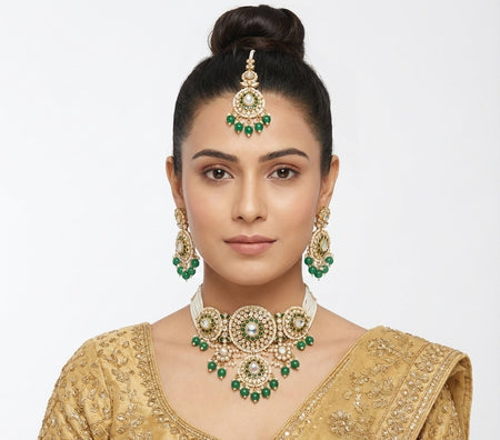Jewel City Green Kundan & Pearl Choker Set: Handcrafted Gold-Plated Indian Bridal Jewelry with Maang Tikka
