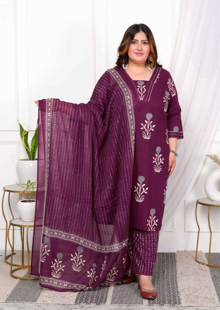 Miravan Women's Plus Size Cotton Fabric Purple Color Kurta With Palazzo And Dupatta