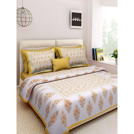 Vamika Printed Cotton White & Yellow Bedsheet With Pillow Covers (LEOC_GMLA_Y)
