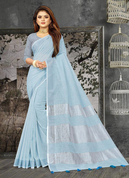 Shree Shyam Fashion Elegant Sky Blue Woven Linen Saree with Contrast Zari Border & Tassels - Soft & Breathable Party Wear