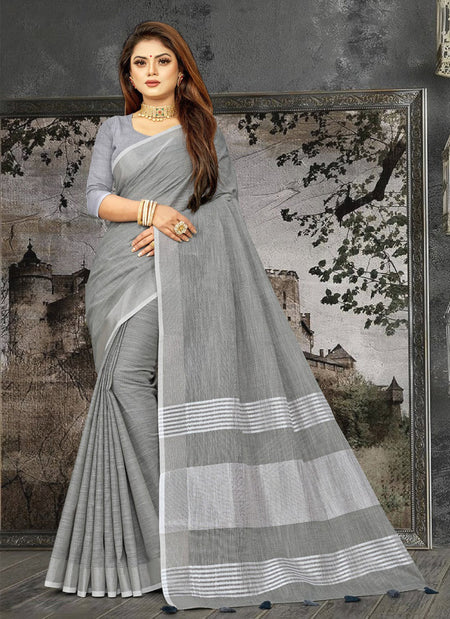Shree Shyam Fashion Elegant Dark Grey Woven Linen Saree with Contrast Zari Border & Tassels - Soft & Breathable Party Wear