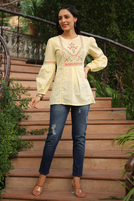 Juniper Women's Lemon Cotton Dobby Solid Embroidered Straight Tunic