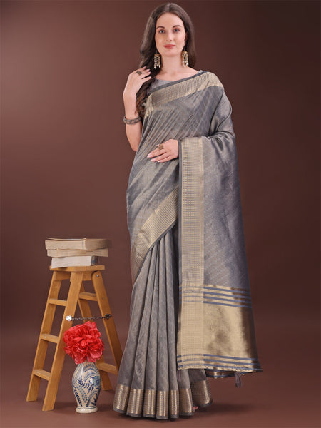 Shree Shyam Fashion Graceful Grey Organza Saree with Rich Golden Zari Border | Elegant Party Wear Saree with Blouse Piece