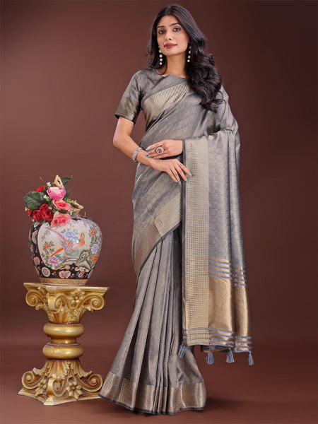 Shree Shyam Fashion Grey Organza Saree with Golden Zari Border | Elegant Soft Lightweight Party Wear Saree with Blouse