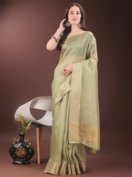 Shree Shyam Fashion Elegant Gold Mint Green Organza Saree with Zari Border | Party Wear Lightweight Saree with Blouse for Women