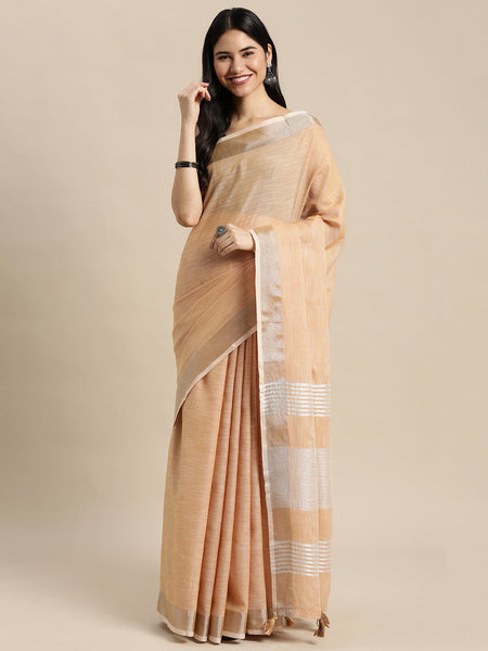 Shree Shyam Fashion Elegant Tan Woven Linen Saree with Contrast Zari Border & Tassels - Soft & Breathable Party Wear