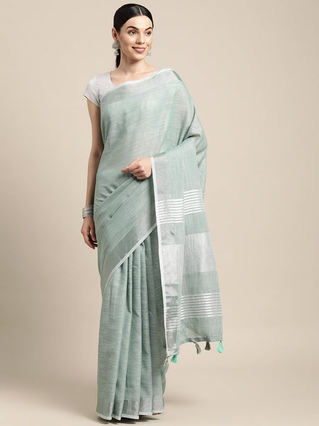 Shree Shyam Fashion Elegant Sea Green Woven Linen Saree with Contrast Zari Border & Tassels - Soft & Breathable Party Wear