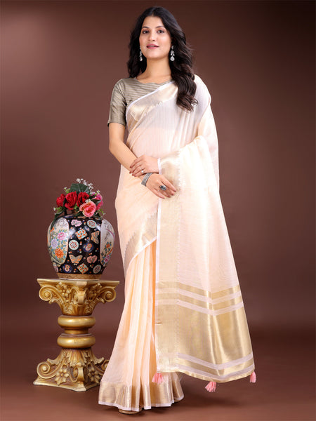 Shree Shyam Fashion Elegant Peach Woven Linen Saree with Contrast Zari Border & Tassels - Soft & Breathable Party Wear