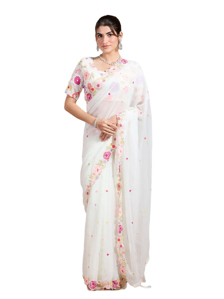 Vamika Embroidery Cream Georgette Bollywood Saree